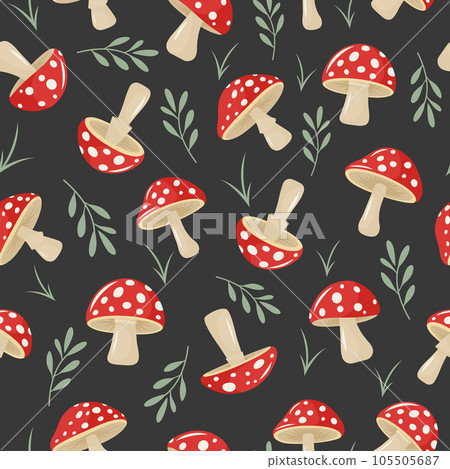 Vector Seamless Pattern with Hand Drawn Cartoon Flat Mushrooms on Black Background. Amanita Muscaria, Fly Agaric Illustration, Mushrooms Collection. Magic Mushroom Symbol, Design Template Vector Seamless Pattern with Hand Drawn Cartoon Flat Mushrooms on Black Background. Amanita Muscaria, Fly Agaric Illustration, Mushrooms Collection. Magic Mushroom Symbol, Design Template 105505687