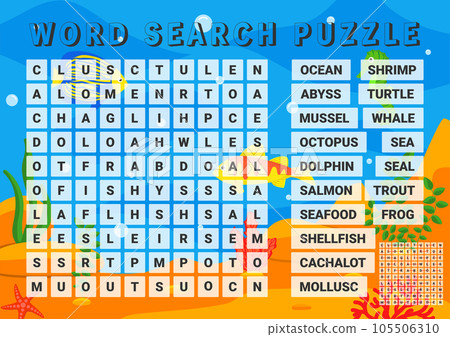 Vector illustration. Word search puzzle. Crossword puzzle on the ocean and the sea. Bright sea background. 105506310