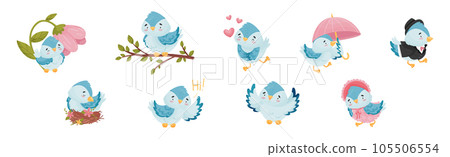 Cute Blue Bird with Wings and Feathers Vector Set Cute Blue Bird with Wings and Feathers Vector Set 105506554
