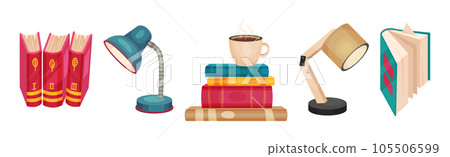 Books in Colorful Hard Cover with Coffee and Lamp Vector Set 105506599