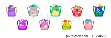 Colorful School Backpacks with School Supplies Vector Set 105506615