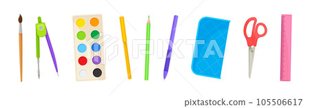 School Supplies with Brush, Compasses, Paints, Pencil, Ruler and Scissors Vector Set 105506617
