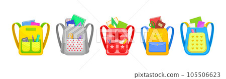 Colorful School Backpacks with School Supplies Vector Set 105506623