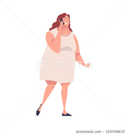 Full Woman Character with Plump Body Speaking by Phone and Smiling Vector Illustration 105506635