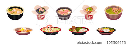 Asian Food and Dish Served on Plate and Carton Box Vector Set Asian Food and Dish Served on Plate and Carton Box Vector Set 105506653