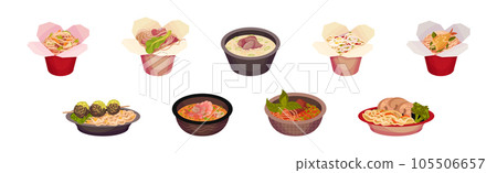 Asian Food and Dish Served on Plate and Carton Box Vector Set Asian Food and Dish Served on Plate and Carton Box Vector Set 105506657
