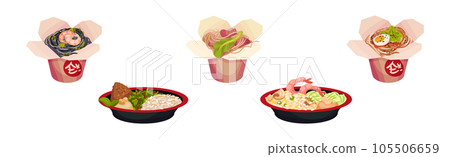 Asian Food and Dish Served on Plate and Carton Box Vector Set Asian Food and Dish Served on Plate and Carton Box Vector Set 105506659