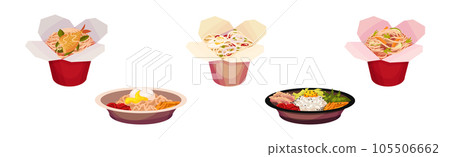 Asian Food and Dish Served on Plate and Carton Box Vector Set Asian Food and Dish Served on Plate and Carton Box Vector Set 105506662