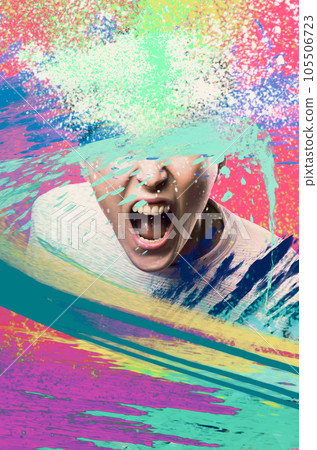 Fury. Frustrated and angry woman screaming. Modern art collage, design. Fury. Frustrated and angry woman screaming. Modern art collage, design. 105506723