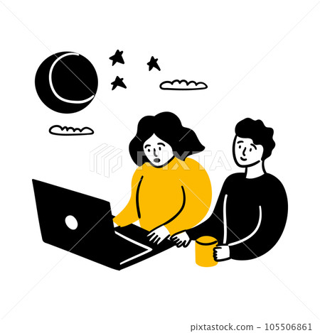 Cartoon Color Teamwork Concept with Characters People Flat Design Style. Vector illustration of Scene Night Working 105506861