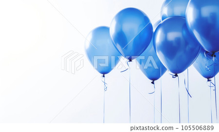 A bunch of blue balloons floating in the air isolated on white background, wedding anniversary party background with copy space. Generative AI 105506889