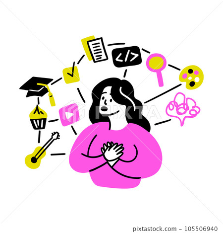 Cartoon Color Educational and Self-Development Concept Scene with Character Girl Variety of Choice of Profession. Vector illustration 105506940