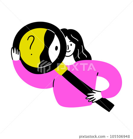 Cartoon Color Educational and Self-Development Concept Scene with Character Girl and Magnifier Symbol of Discovery and Research, Analysis. Vector illustration 105506948