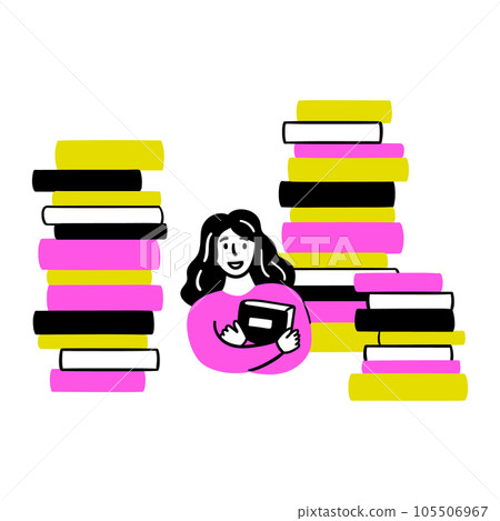 Cartoon Color Educational and Self-Development Concept Scene with Character Girl Among Stacks of Books. Vector illustration 105506967