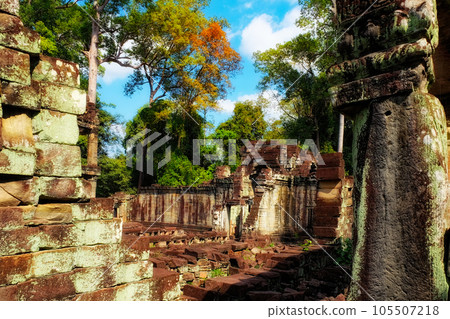 Ruins of ancient structures in the Cambodian forests, the lost city of Angkor. 105507218