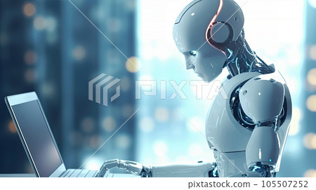 Artificial intelligence, or ai robot working at office by using computer laptop and typing keyboard, Technology in future, Communication network. with Generative AI. 105507252