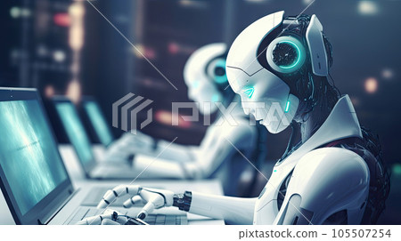 Artificial intelligence, or ai robot working at office by using computer laptop and typing keyboard, Technology in future, Communication network. with Generative AI. 105507254