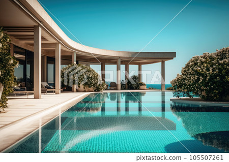 Modern and luxury Hotel lounge building architecture design concept, summer villa house residence and private with swimming pool and sea view, resort with space for sunbathing, with Generative Ai. 105507261