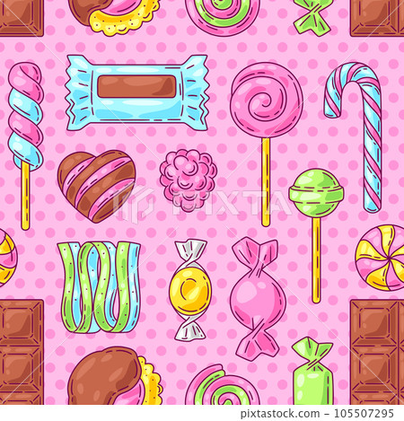 Pattern with candies and sweets. Background for confectionery or candy shop. Pattern with candies and sweets. Background for confectionery or candy shop. 105507295