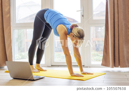 Beautiful young woman in sportswear doing sport exercises on yoga mat at home. 105507638
