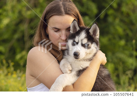 A beautiful young woman with her pet husky dog outdoors in the park 105507641
