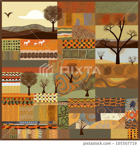African pattern, bright unusual, in a cubic style with ethnic African themes and colors, for printing and packaging design, creative wallpaper 105507719