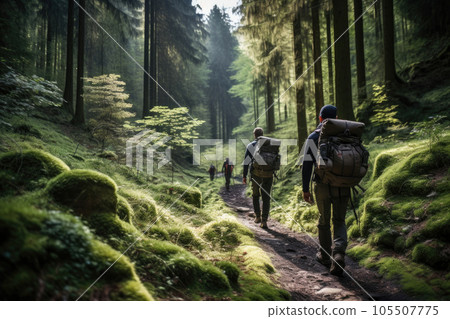 Trekking through the forest teams with backpacks 105507775