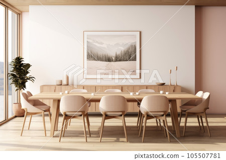 The interior of a modern kitchen and living room with a dining table and frames on the wall 105507781