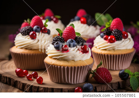 Cupcakes with buttercream , decorated with berries Cupcakes with buttercream , decorated with berries 105507801