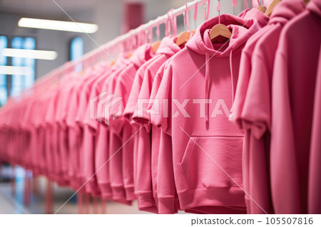 Pink sweatshirts with a hood and short sleeves hang on a hanger in the store Pink sweatshirts with a hood and short sleeves hang on a hanger in the store 105507816