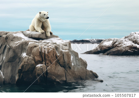 A white polar bear is sitting on a rock . 105507817