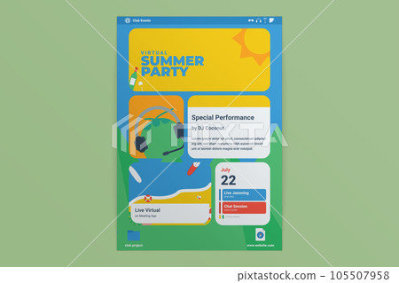 a flat design virtual summer party flyer for video live dj music streaming recording broadcast meeting with modern background os operating system app interface 105507958