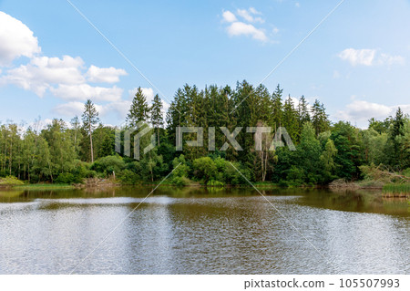 Trout pond with forest around at the Hoherodskopf hill in Hesse, region Vogelsberg in Germany 105507993