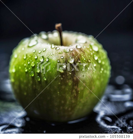 bitten green apple close-up with water drops high, Generative AI bitten green apple close-up with water drops high, Generative AI 105508139