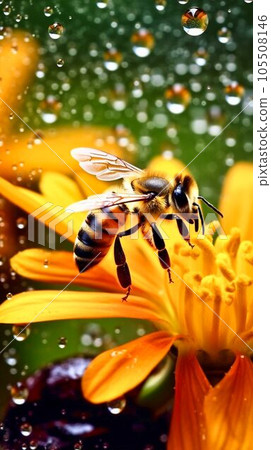 Bee sitting next to yellow flower, Generative AI 105508146