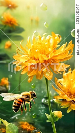 Bee sitting next to yellow flower, Generative AI 105508147