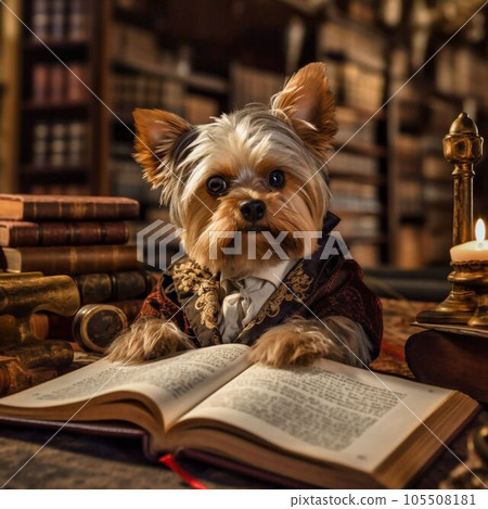 An anthropomorphic Yorkshire terrier reading a book, Generative AI 105508181