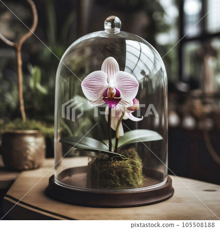 an orchid flower under a glass dome, Generative AI 105508188