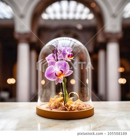 an orchid flower under a glass dome, Generative AI 105508189