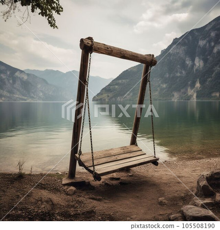 old wooden swing on the shore of the lake and mountains, Generative AI 105508190