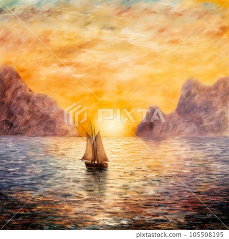 An Oil painting of a boat sailed to the horizon be, Generative AI 105508195