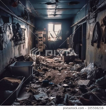 a terrible tattered dark prison room stench, abandoned premises. Generative AI 105508216