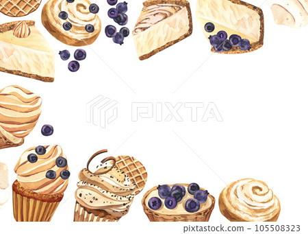 Watercolor frame dessert muffin, cupcake, bun, tart, cheesecake with blueberry. Hand-drawn illustration isolated on white background. Perfect food menu, design packing, bakery shop, cooking, tea party 105508323