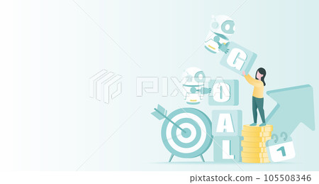 Artificial Intelligence (AI) technology concept. Collaboration between human and AI robot, work together building boxes, goals, target, growth up. Flat vector design illustration with copy space. 105508346