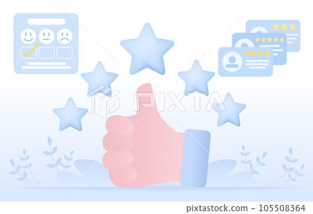Customer satisfaction survey concept. Online customer review gives star rating satisfaction with the product or service. Reviews rating 5 stars thumb up. Flat vector design illustration. 105508364