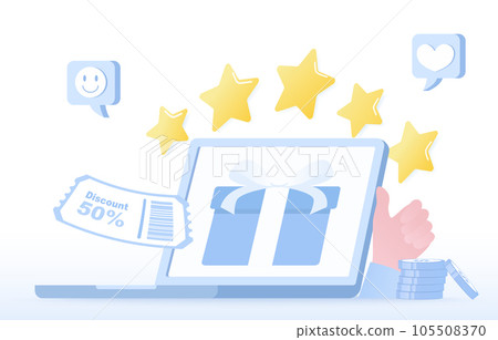 Send gift boxes, discount, voucher to customer vie computer. Birthday surprise, prizes, reward, loyalty program, discount, voucher, special promotion. Flat vector design illustration. Send gift boxes, discount, voucher to customer vie computer. Birthday surprise, prizes, reward, loyalty program, discount, voucher, special promotion. Flat vector design illustration. 105508370