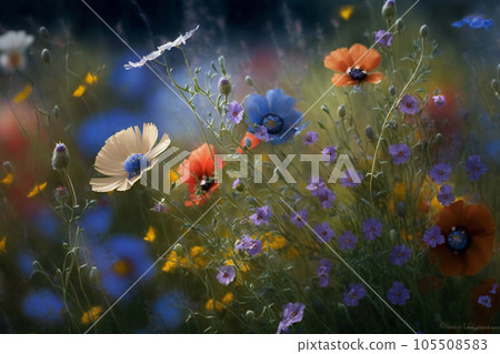 Wildflowers green orange white flowers in a flower bed in the forest 105508583