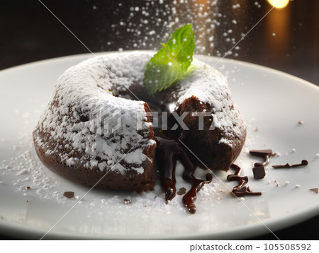 chocolate fondant with mint leaf and powdered sugar liquid chocolate 105508592