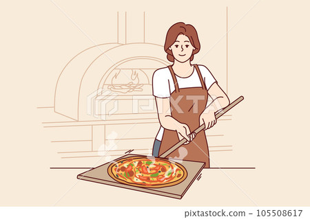 Woman is preparing pizza and holding shovel to take out dish from oven for cooking italian food 105508617