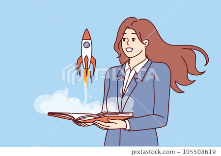 Businesswoman near rocket taking off from book symbolizing development company or successful career 105508619